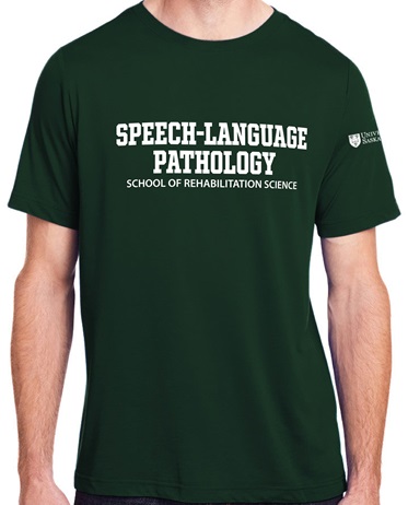 green t shirt with SLP written on front